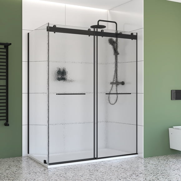 48" x 36" Black Corner Sliding Shower Kit – Frameless Double Bypass Doors with 6 mm Raindrop Tempered Glass, Right‑Hand Installation & SMC Base