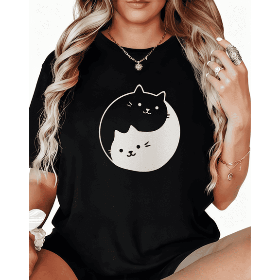Women's Black Cute Yin Yang Cat Print Tshirt Graphic Tees Shirts S-5XL Pet Lover Casual Tops