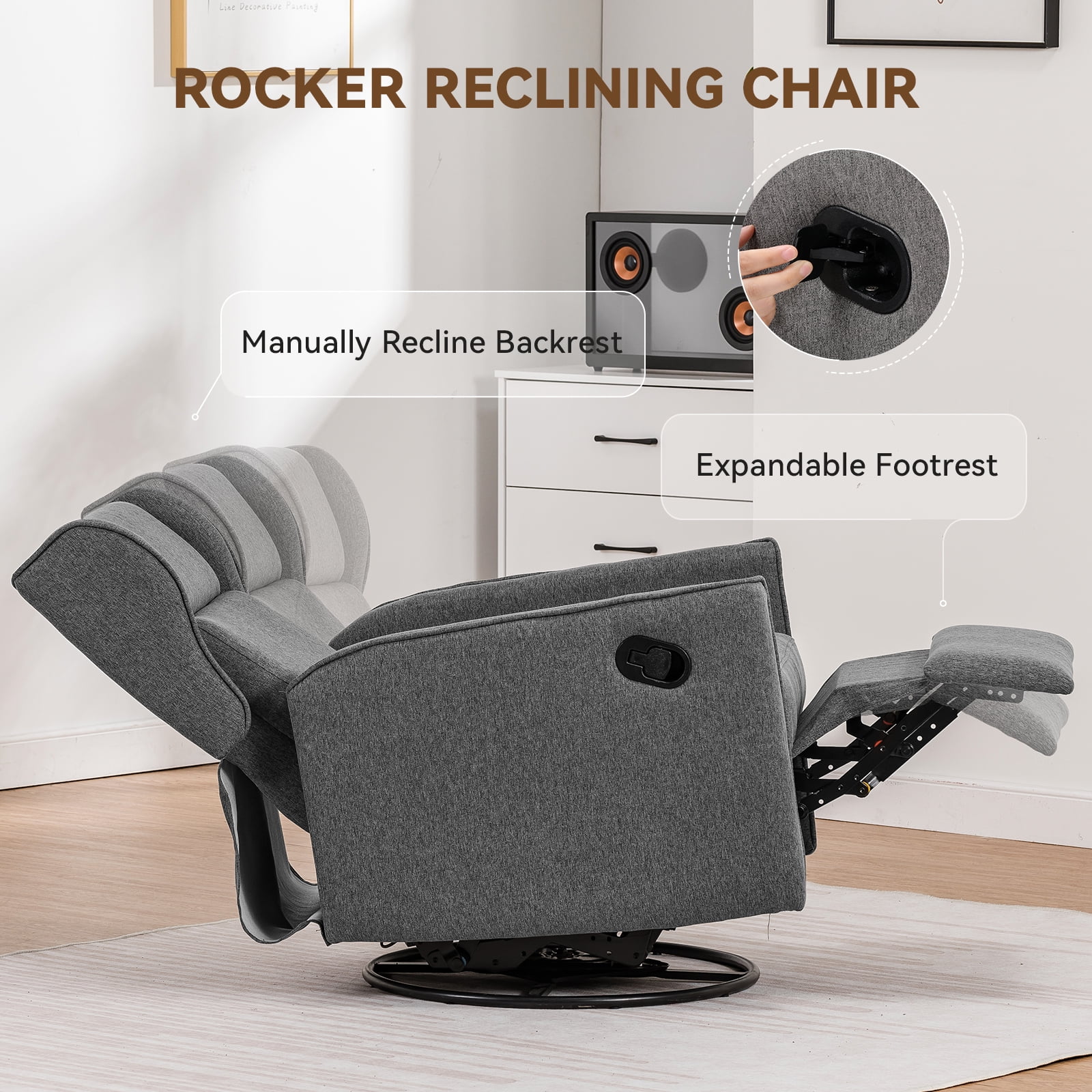 COMHOMA Swivel Rocker Recliner Chair, Fabric Swivel Glider Reclining Single Sofa for Living Room, Gray