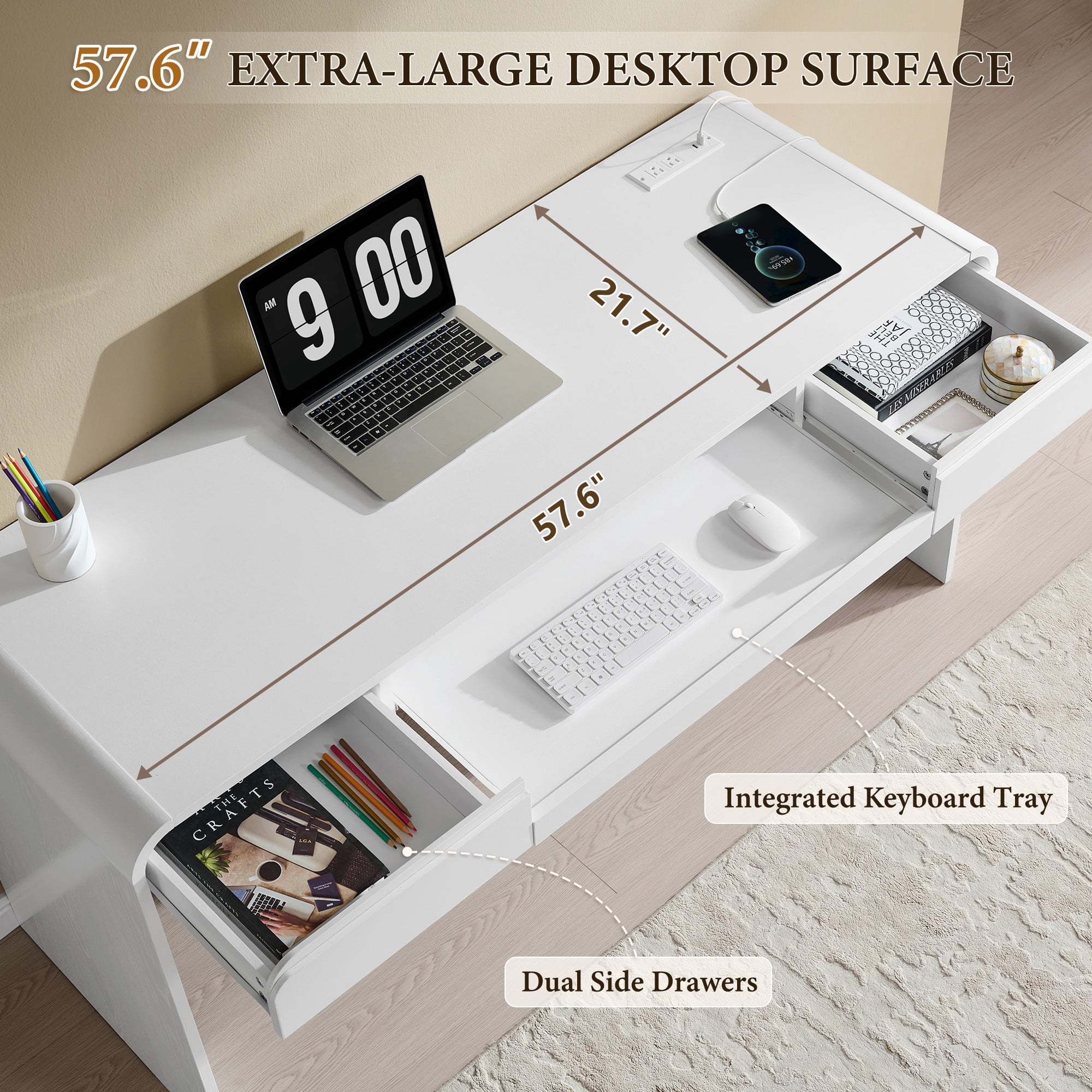 wow97e Modern Computer Desk with Storage Drawers, 57'' Large Executive Office Desk with Charging Station & Keyboard Tray for Home Office