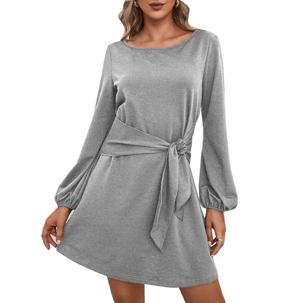 Vestido de mujer con cuello en O, manga larga, nudo, frente, una línea, vestido de camiseta, vestido Abanopi Gris/Pequeña