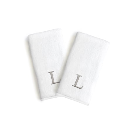 Authentic Hotel and Spa 2-piece White Turkish Cotton Hand Towels with Grey Block Monogrammed Initial White/L