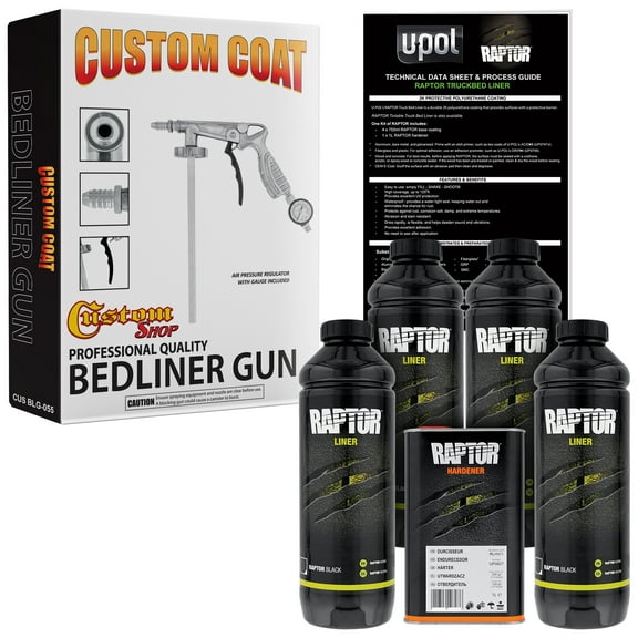 U-POL Raptor Black Urethane Spray-On Truck Bed Liner Kit w/ FREE Custom Coat Spray Gun with Regulator, 4 Liters