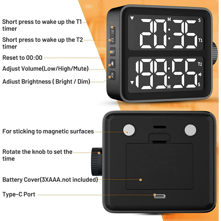 VOCOO Dual Kitchen Timer, Dual Channels Countdown Count up Digital Stopwatch  with LED Display, Black, Battery Included 