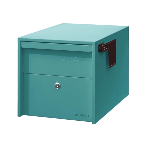 Adoorn Lockable Post Mount Mailbox | Small (Aegean Sea), Size 12 x 12 x 18.5 (HxWxD) Anti-Theft Locking Mailbox with 2 Keys, Modern Mailbox with Flag, Weatherproof Mailboxes for Outside