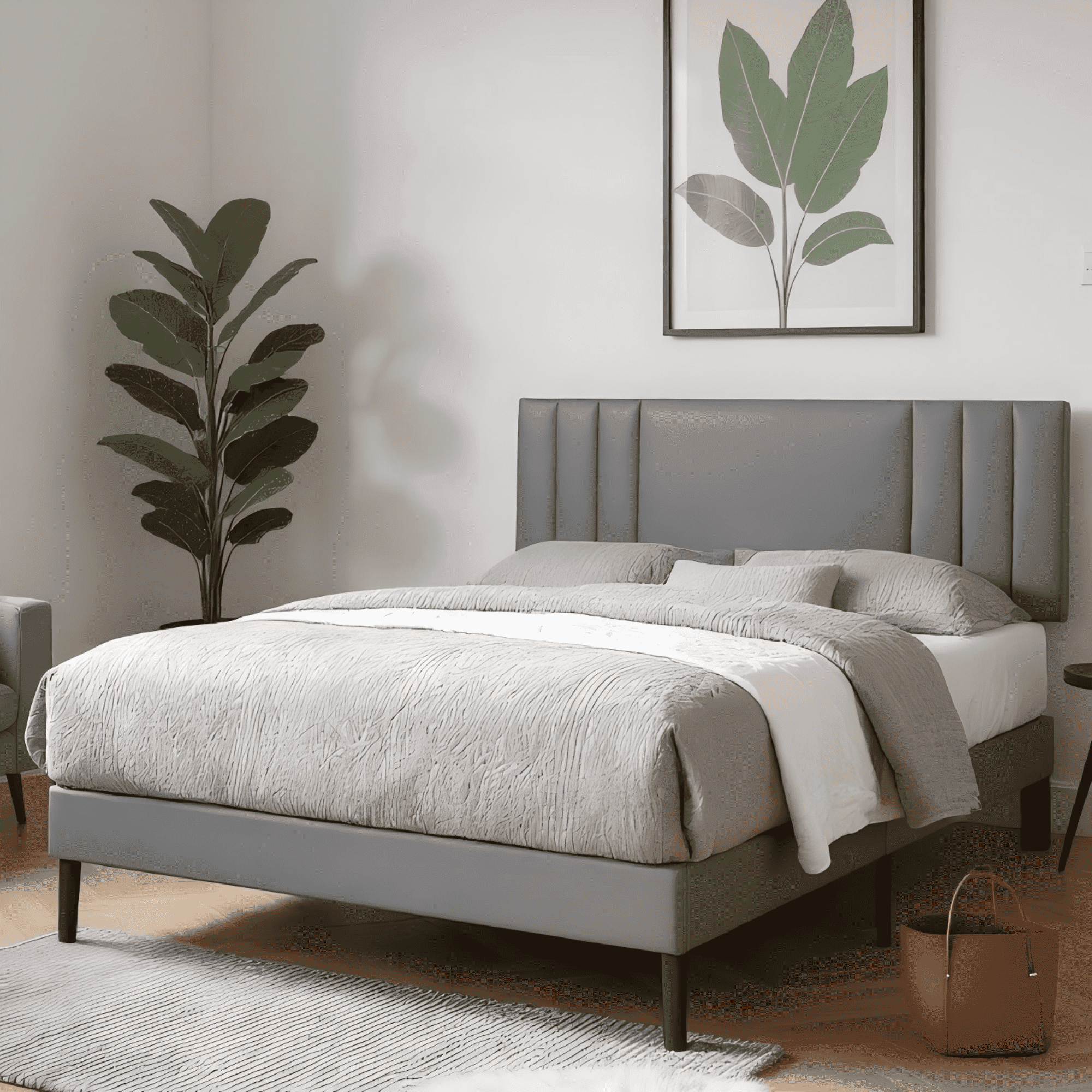BSHTI Full-Size Platform Bed Frame with PU Upholstered Headboard, wood slats support and a center support leg,Adjustable Headboard, Gray