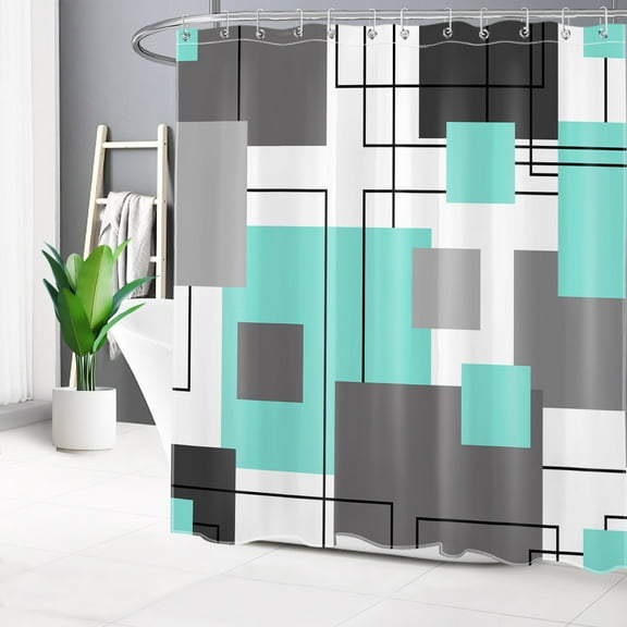 HVEST Abstract Geometric Shower Curtain, Teal Gray White Abstract Pattern Shower Curtain - Modern Geometric Bathroom Decor, Waterproof Polyester Fabric, Includes 12 Hooks, 72x78 Inches