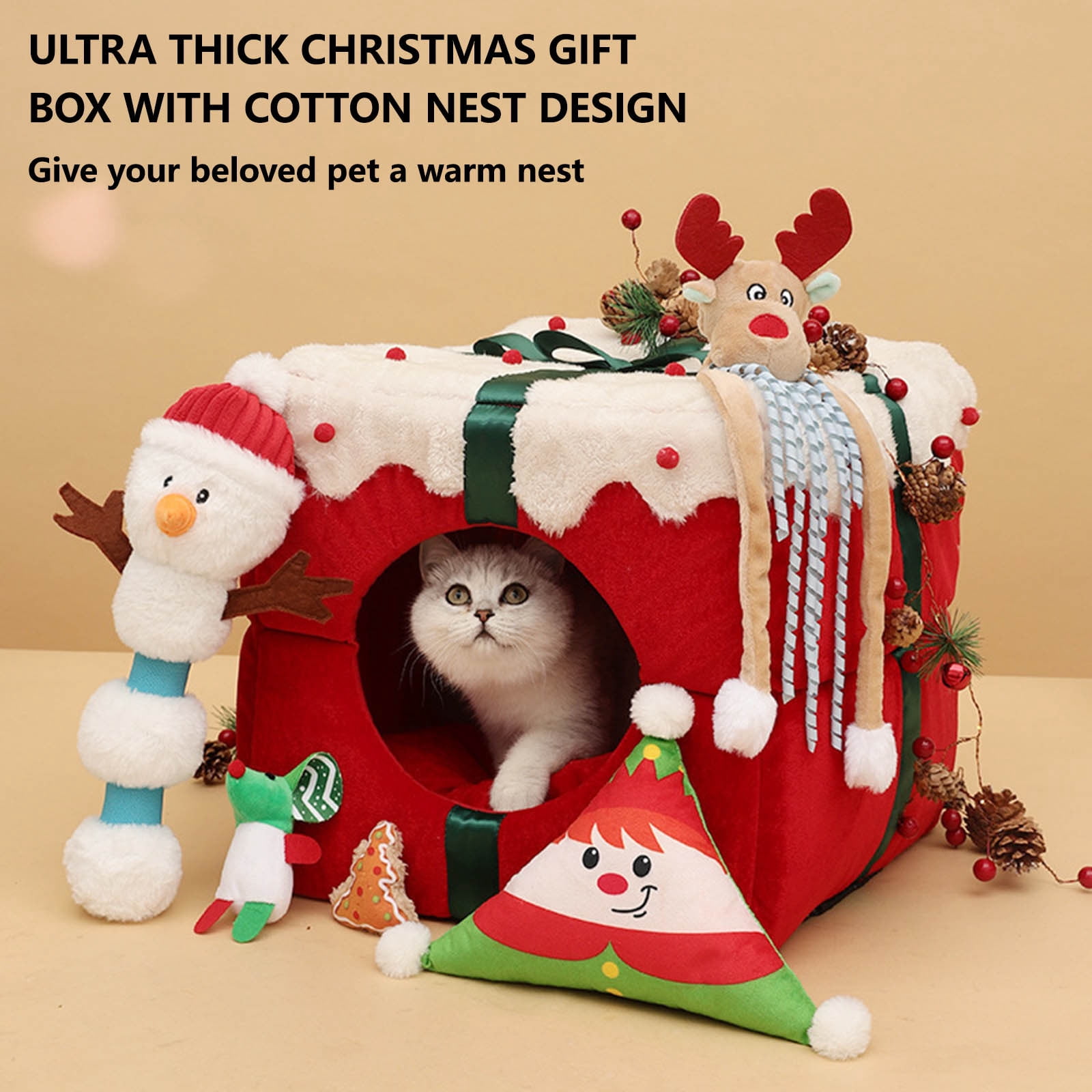 Matoen Christmas Cat Beds for Indoor Cats - Large Cat Cave for Pet, Foldable Santa Cat Hideaway