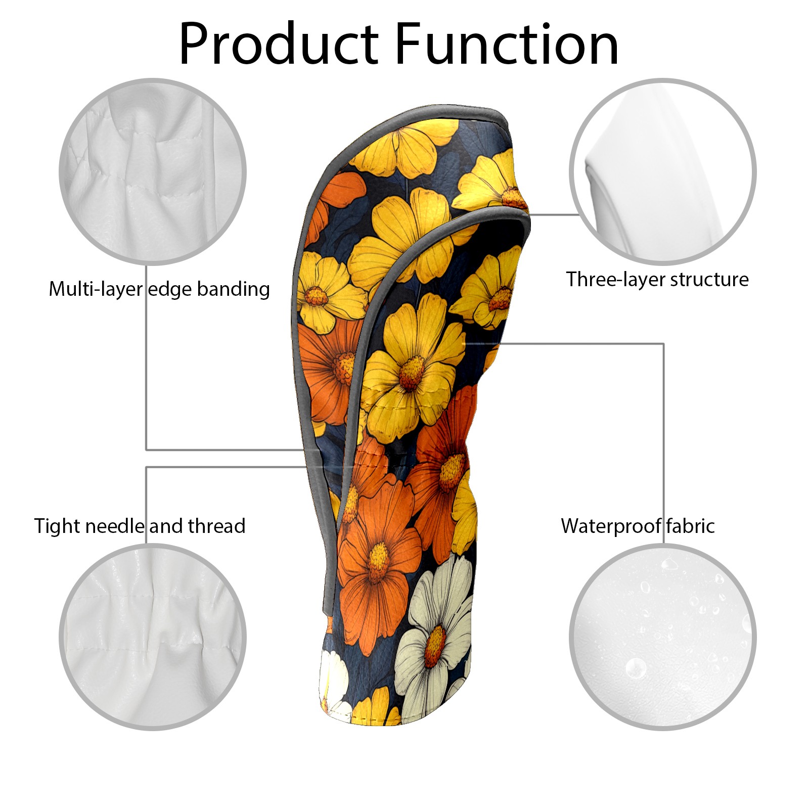 Golf Club Covers PU Leather Waterproof Head Covers for Fairway Woods Hybrids Orange Yellow Flowers