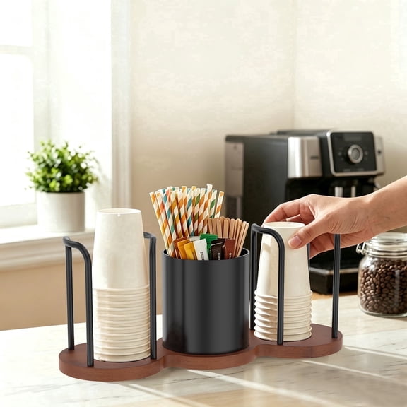 Lzvxtym Paper Cup Dispenser,Coffee Cup Holder with Straw and Stirrer Storage,Coffee Station Organizer for Countertop,Black