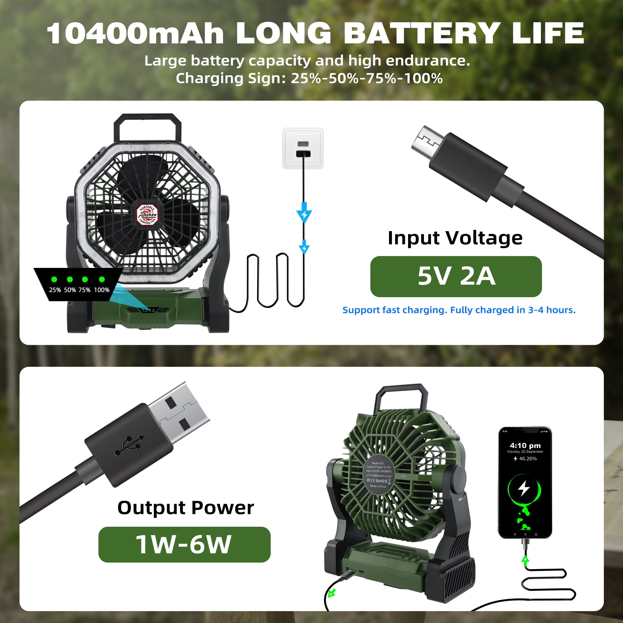 Roykaw 10400mAH Rechargeable Camping Fan with Ultra-bright LED Light, 4-Speed Wind & 3-Level Light