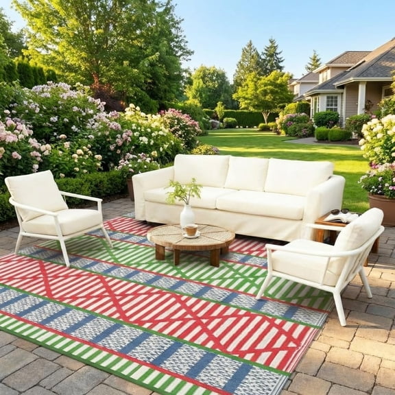 8x10 Ft Indoor Outdoor Patio Rug Soft Stain Resistant Foldable Modern Striped Geometric Green/Blue