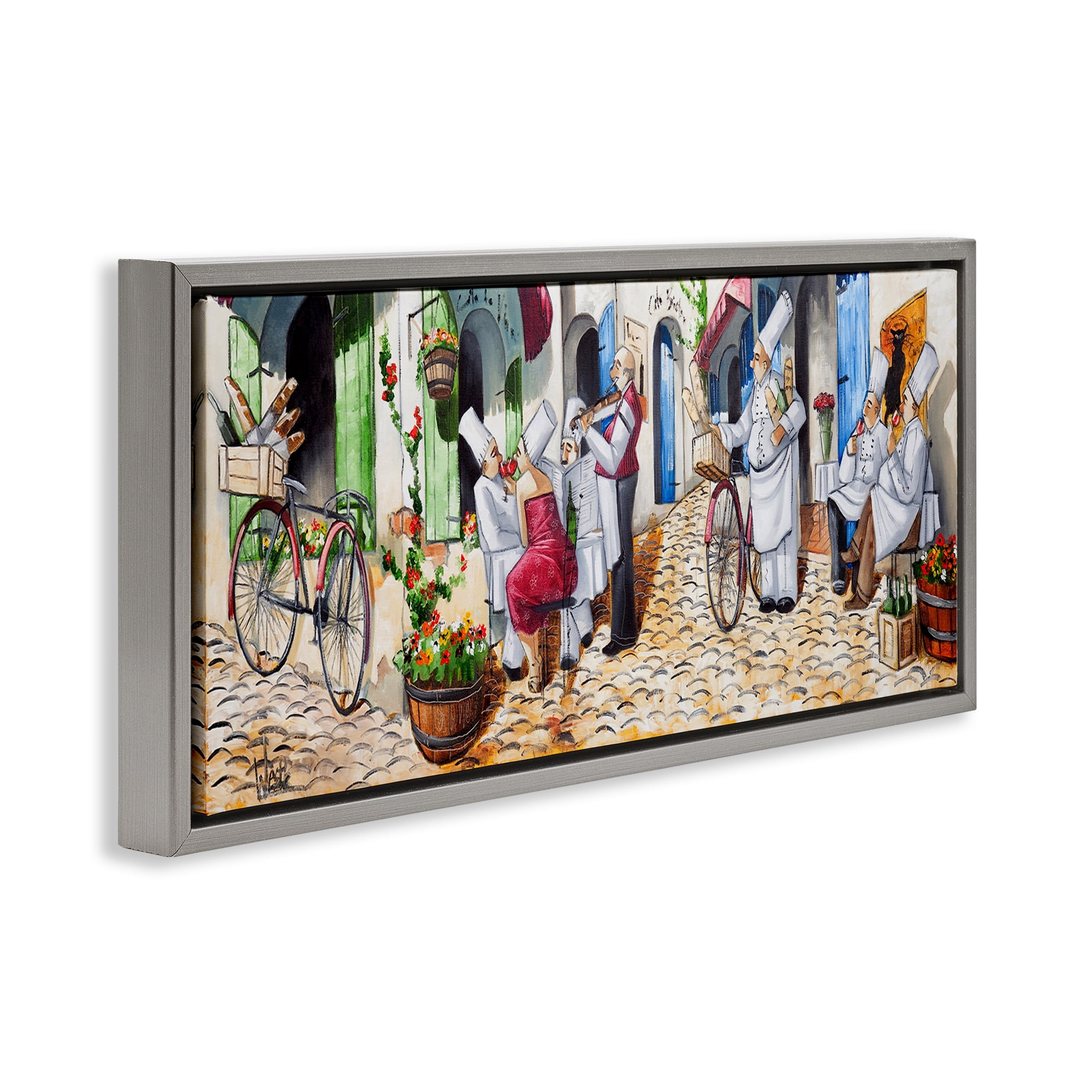 Stupell Industries Town Café Chefs Scenery Painting Gray Floater Framed Art Print Wall Art, 25 x 11