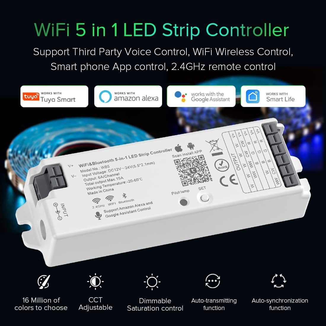 5050 RGB/RGBW Tuya APP WiFi Wireless Smart LED Strip Controller For Alexa Google 