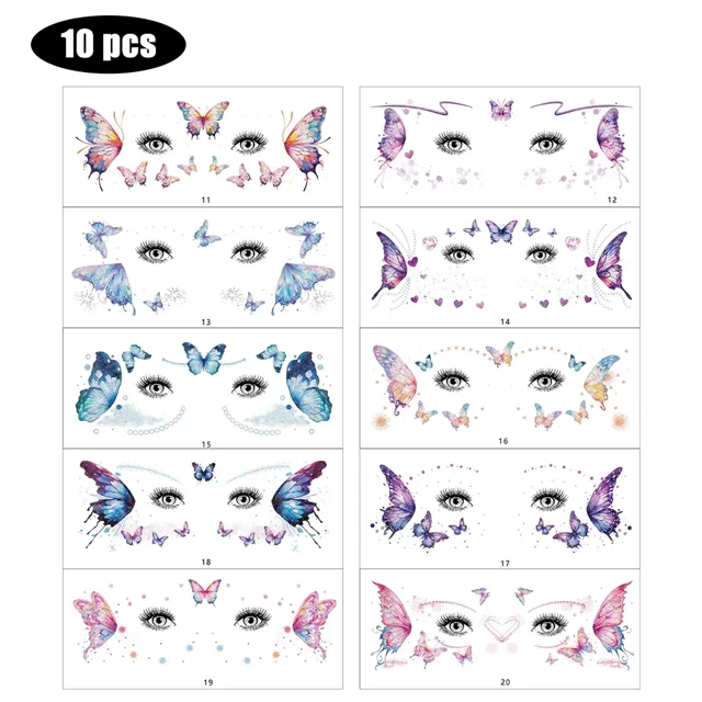 Pegatinas de tatuaje de mariposa brillante, maquillaje facial de ojos, tatuajes duraderos impermeables, calcomanías de bricolaje para fiesta de Festival de música, 10 hojas