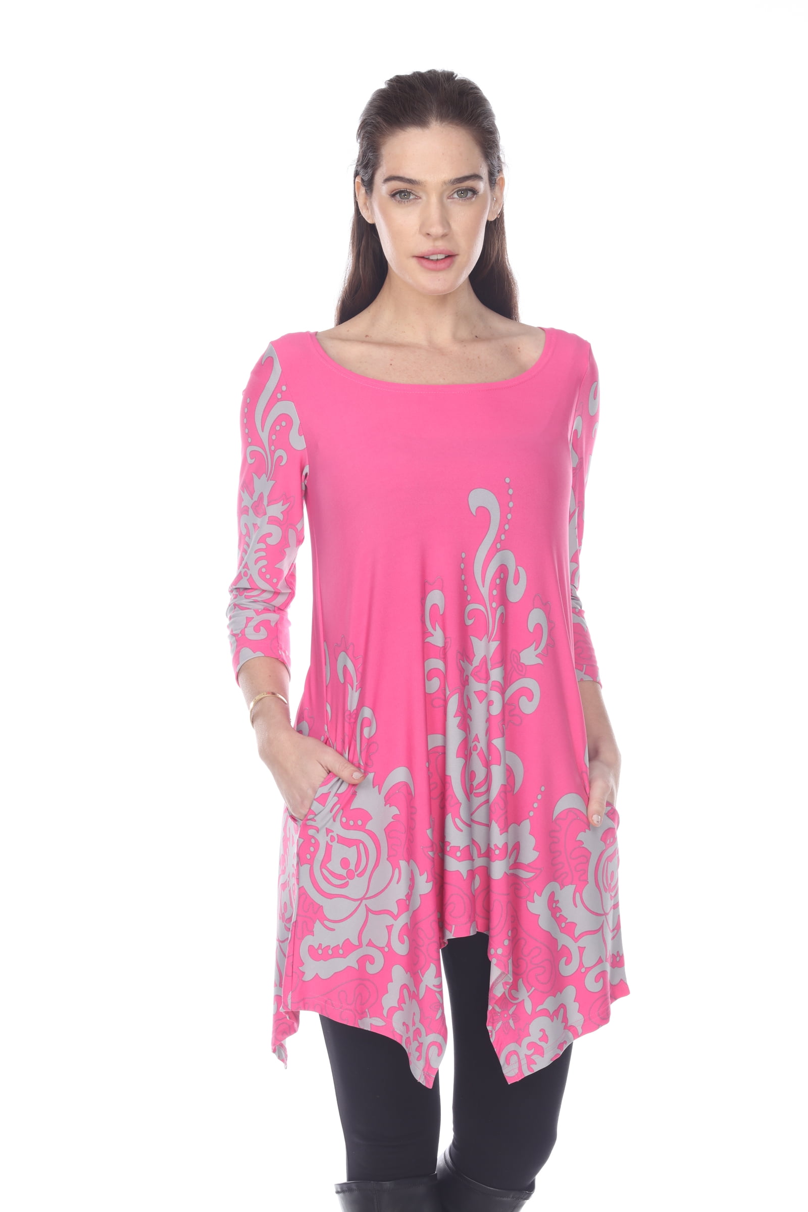 White Mark Women's Damask Print 3/4 Sleeve Tunic Top