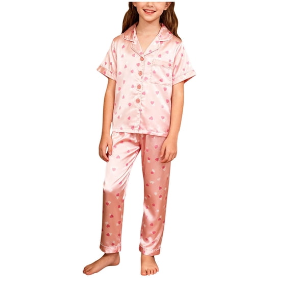 BLVB Silk Satin Pajamas Set Girls 2 Piece Pj Sets Short Sleeve Sleepwear Soft Button down Loungewear Valentine's Day Outfits for Kids