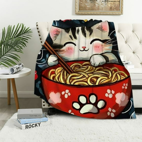 Patifu Kawaii Ramen Cat Red Heart Love Flannel Throw Blanket Warm Cozy Soft Funny Print Blankets for Bed Couch Sofa Room Decoration Gifts  40x50in