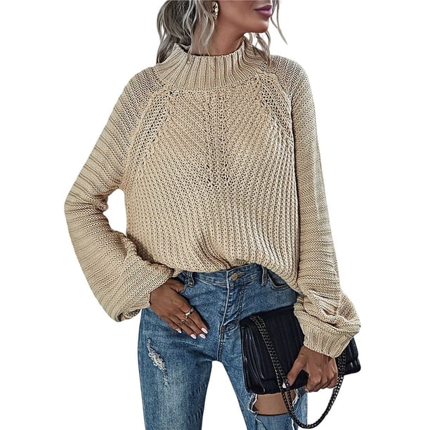Suéteres de Cuello Alto para Mujer, Suéteres Casuales de Larga, Suéteres Sueltos de Punto Grueso. Albaricoque L