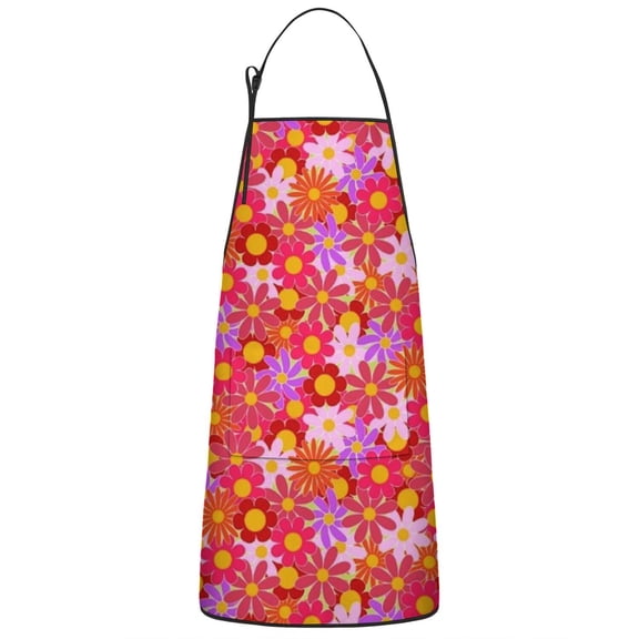 Red Daisy Flower Retro Pattern Apron-Garden Aprons for Women with Pockets-Cotton Linen Waterproof Kitchen Cooking Gardening Aprons Adjustable for Kitchen,Cooking,BBQ and Salon 33x27 Inch