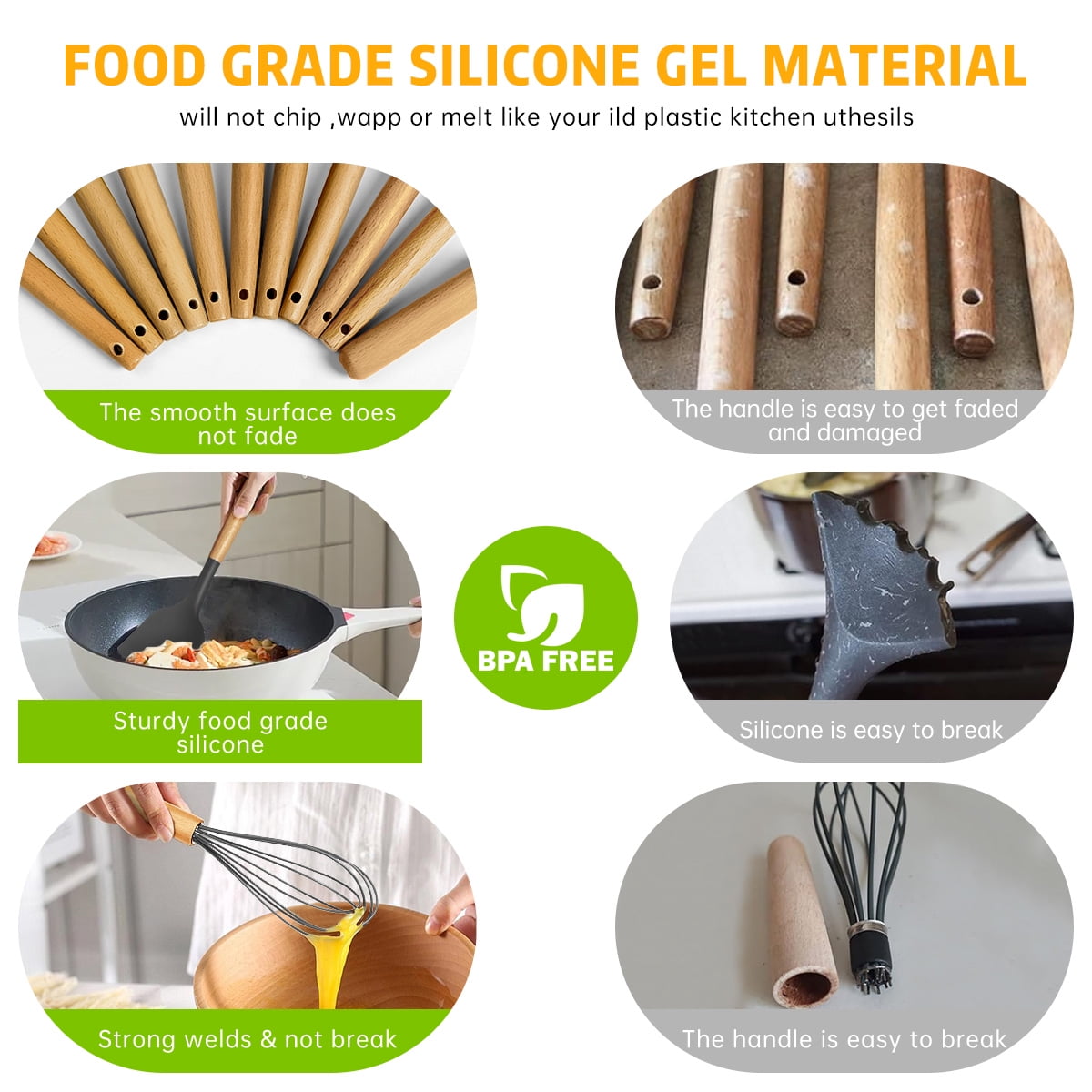 GPED 29 Pcs Silicone Kitchen Utensil Set, Cooking Utensils Set with Wooden Handle, Food Grade Silicone Spatula Set, BPA-Free, 446°F Heat Resistant Kitchen Gadgets Tools Set, Gray
