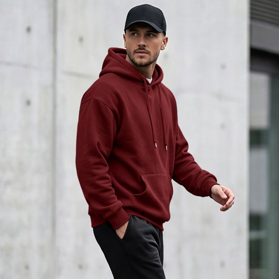 Men Hoodie Sweatshirt Pullover with Kangaroo Pocket Lightweight Casual Hooded Top Apparel for Spring Fall Wear Wine S