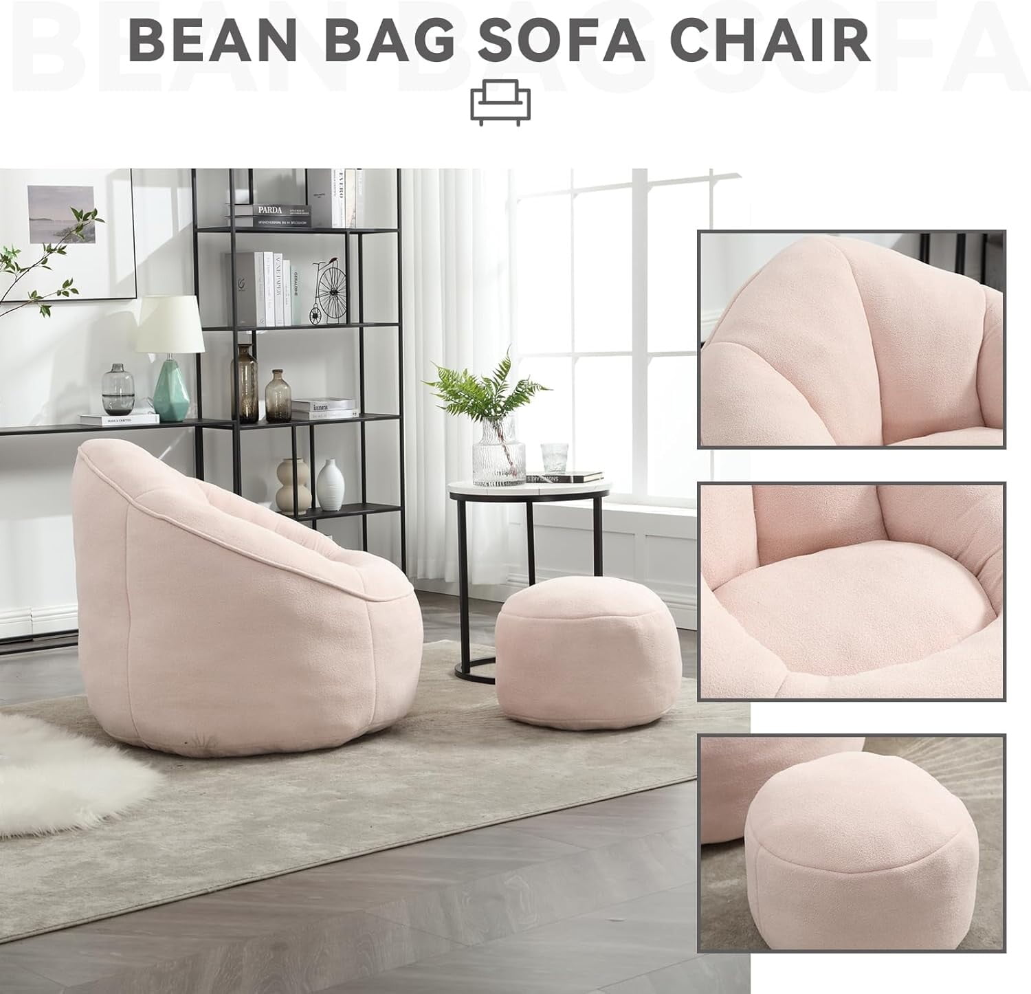 Bean Bag Chair for Adult,Microfiber Upholstered Sofa with Footstool Shell-Shaped Memory Foam Stuffed Lazy Sofa