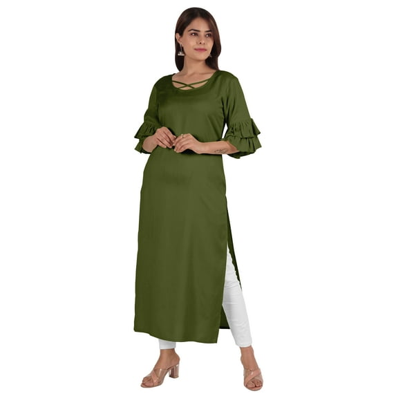 Moomaya Solid Rayon Kurta For Women bell Sleeve Drawstring Neck Long Ethnic Kurti