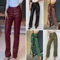 thumbnail image 2 of Quixlent Faux Leather Women Pants Button Zipper Fly Straight Wide Leg Trousers with Pockets High Waist Loose Fit Long Pants, 2 of 8