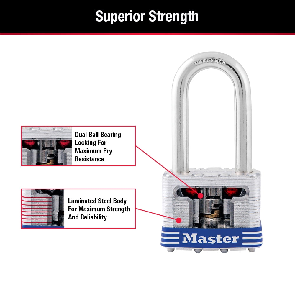 (2 pack) Master Lock 1-9/16in (40mm) Wide Laminated Steel Pin Tumbler Padlock with 1-1/2 (38mm) Shackle; 3-Pack