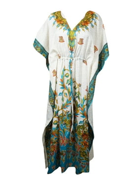 Mogul Women FLORAL Print Kimono Sleeves V-Neckline Summer Boho Lounger Caftan Dresses One Size