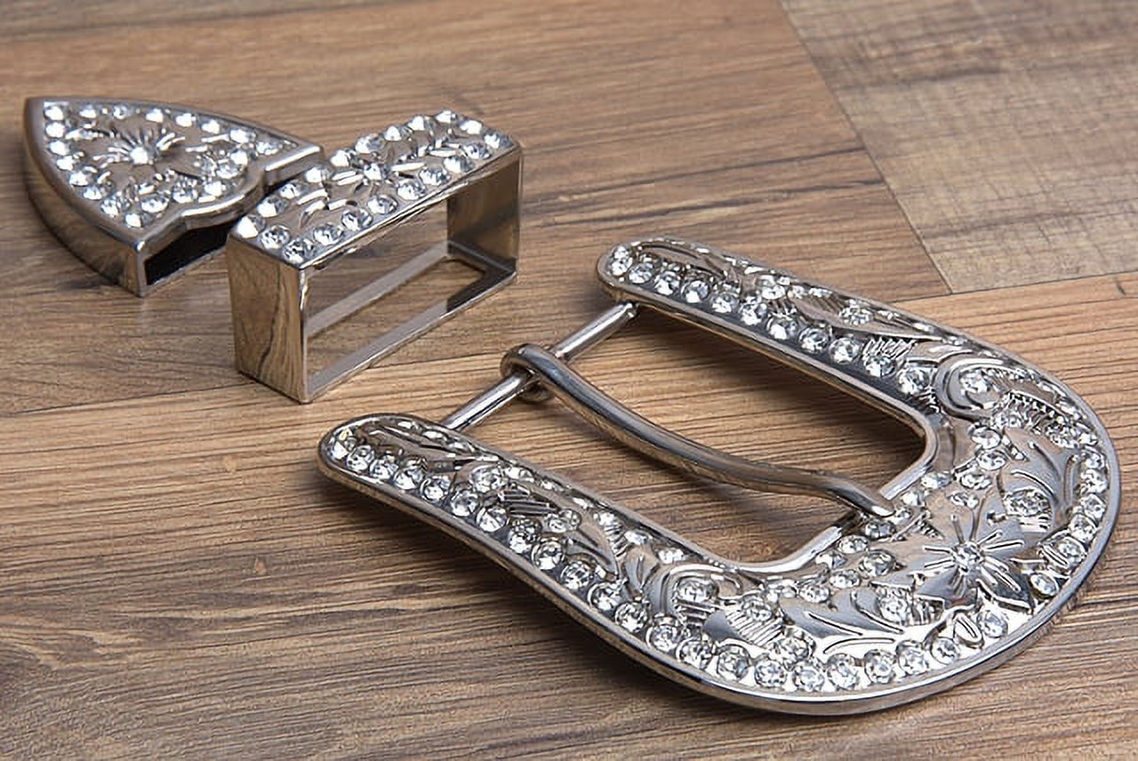 8 Pc Screw Back Concho Stainless Steel Ed Belt Buckle Set Bling Clear Crystals Screw Back Concho Stainless Steel Belt Buckle Set with Bling  main image 4