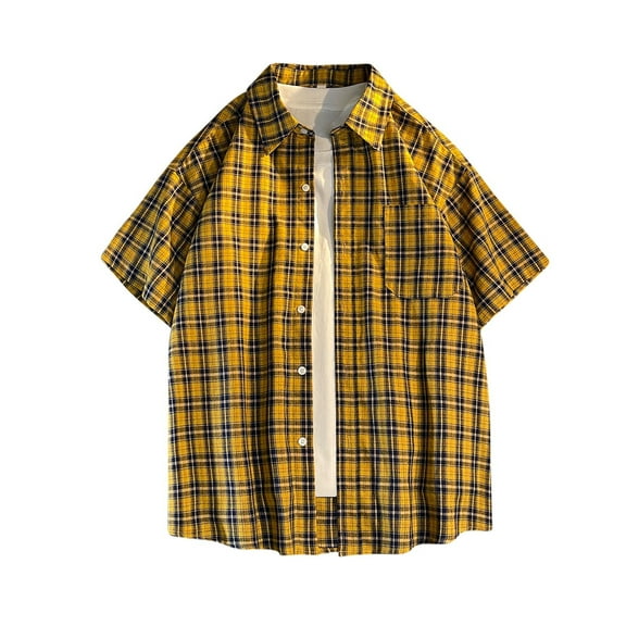 Hvyesh Mens Button Down Shirts Lapel Collar Pocket Short Sleeve Shirts Plaid Button Up Shirts Casual Summer Work Beach Shirts Cotton Regular Fit Gingham Shirts