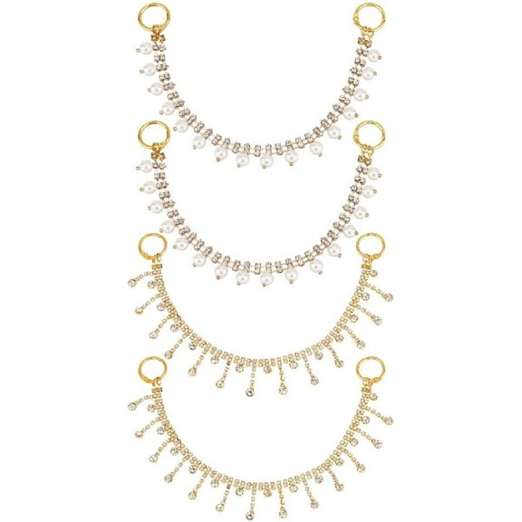 4 Pcs 2 Styles Rhinestone Shoe Chain Charms Brass Pearl Shoe Tassel Charms Shoe Decoration Pendant Shoe Charm with Hinged Rings for Birthday Gift Boots Shoe Decor Golden for diy