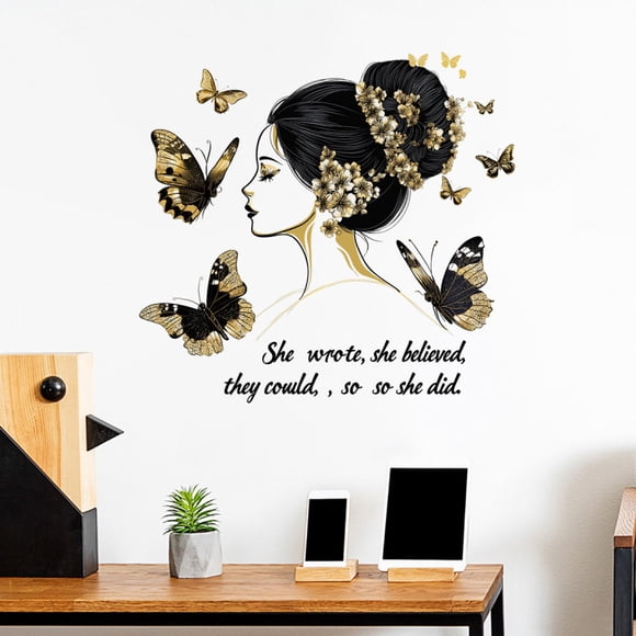 Adhesivos de pared con estampado floral, hada, niña, oro, mariposa, PVC