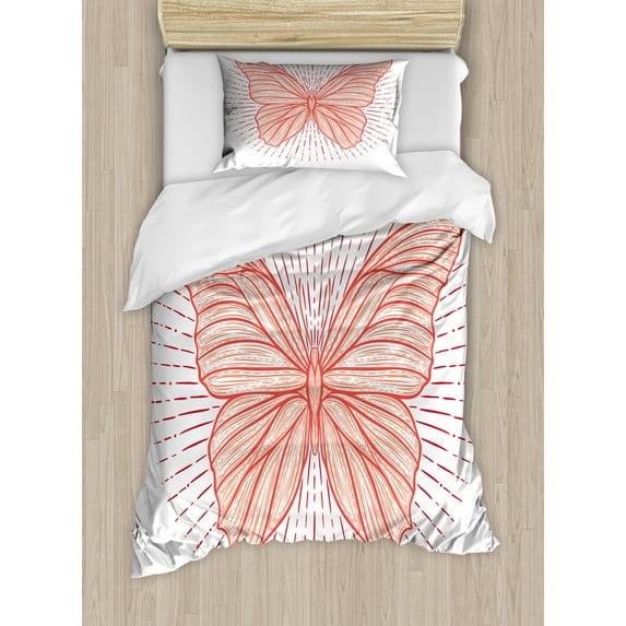 Ethnic Duvet Cover Set Twin Size, Hand-drawn Figure of a Butterfly on Doodle Retro Sunburst Line Backdrop, Decorative 2 Piece Bedding Set with 1 Pillow Sham, Vermilion Orange Ruby, by Ambesonne