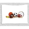 thumbnail image 1 of Youth Tapestry, Assorted Sports Equipment Different Balls Bat Tennis Racket Baseball Glove on White, Wall Hanging for Bedroom Living Room Dorm Decor, 60W X 40L Inches, Multicolor, by Ambesonne, 1 of 2