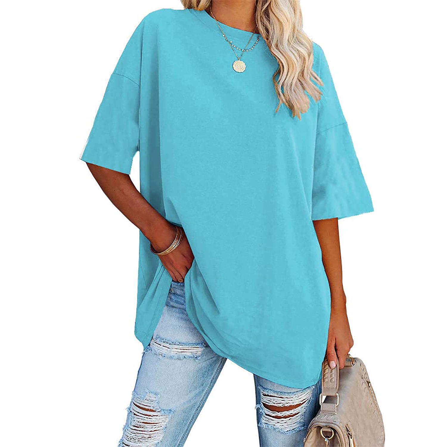Delou Women's Summer Oversized T-Shirt Half Sleeve Crew Neck Cotton ...