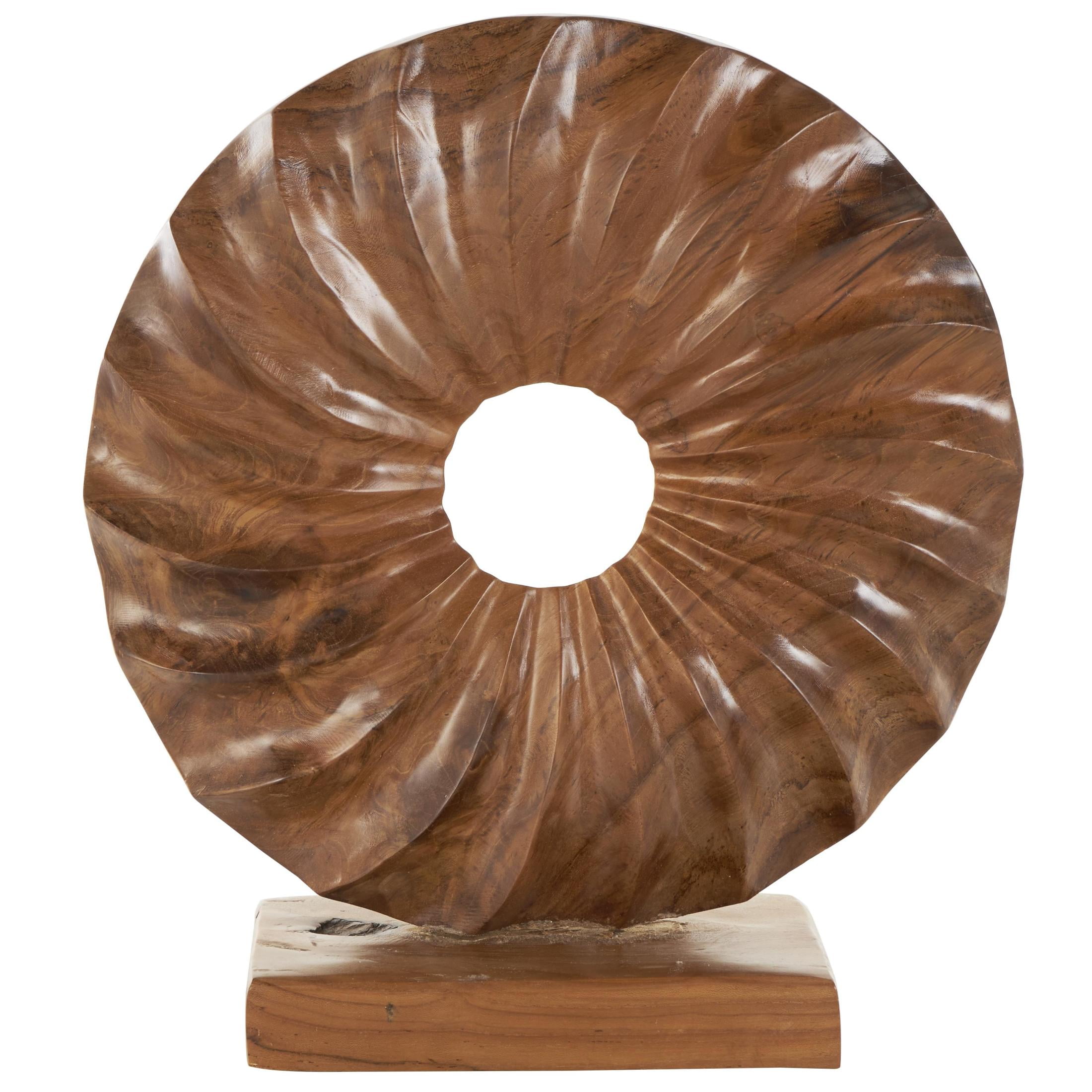 16" x 17" Brown Teak Wood Handmade Dimensional Circular Sun Sculpture with Center Cutout, by DecMode