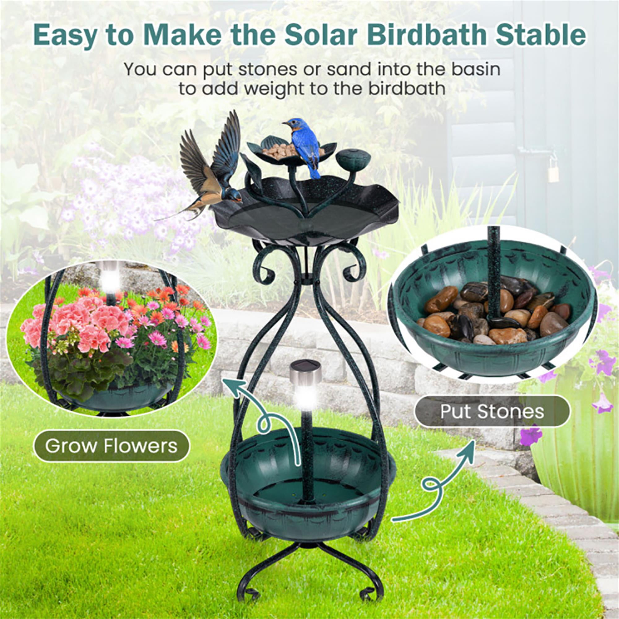 Pefilos 31" Outdoor Pedestal Garden Bird Bath with Solar Light, Bird Feeder and Flower Planter, Standing Lotus Leaf Bowl Birdbath, Green Pefilos 31" Outdoor Pedestal Garden Bird Bath with Solar Light, Bird Feeder and Flower Planter, Standing Lotus Leaf Bowl Birdbath, Green