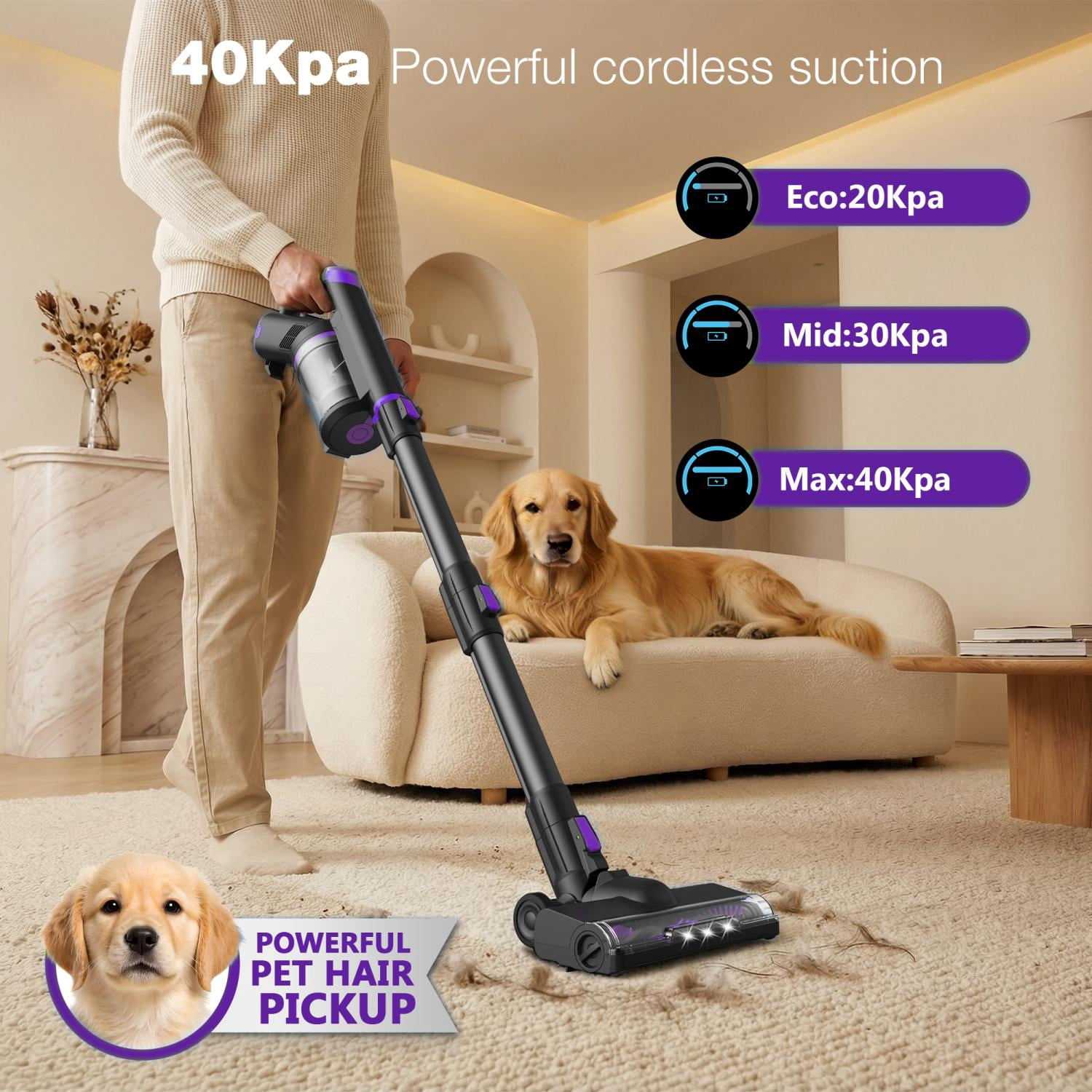 Maircle Cordless Vacuum Cleaner, 40Kpa Powerful Suction Stick Vacuum with LED Display for Home Carpet Hard Floor Pet Hair