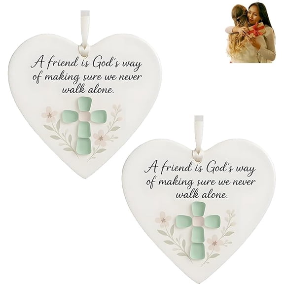 A Friend is God's Way Religious Ornament, 2pc Handcrafted Ocean-Inspired Pendant, Heart Shaped Cross Friendship ,Heart Acrylic Hanging Decorations, Birthday Christian Gifts for Best Friend Women