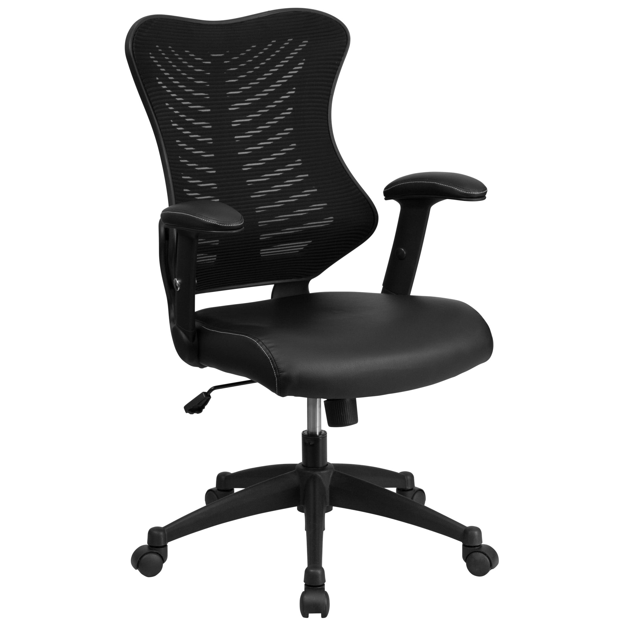 Emma + Oliver High Back Designer Black Mesh/LeatherSoft Executive Ergonomic Office Arm Chair