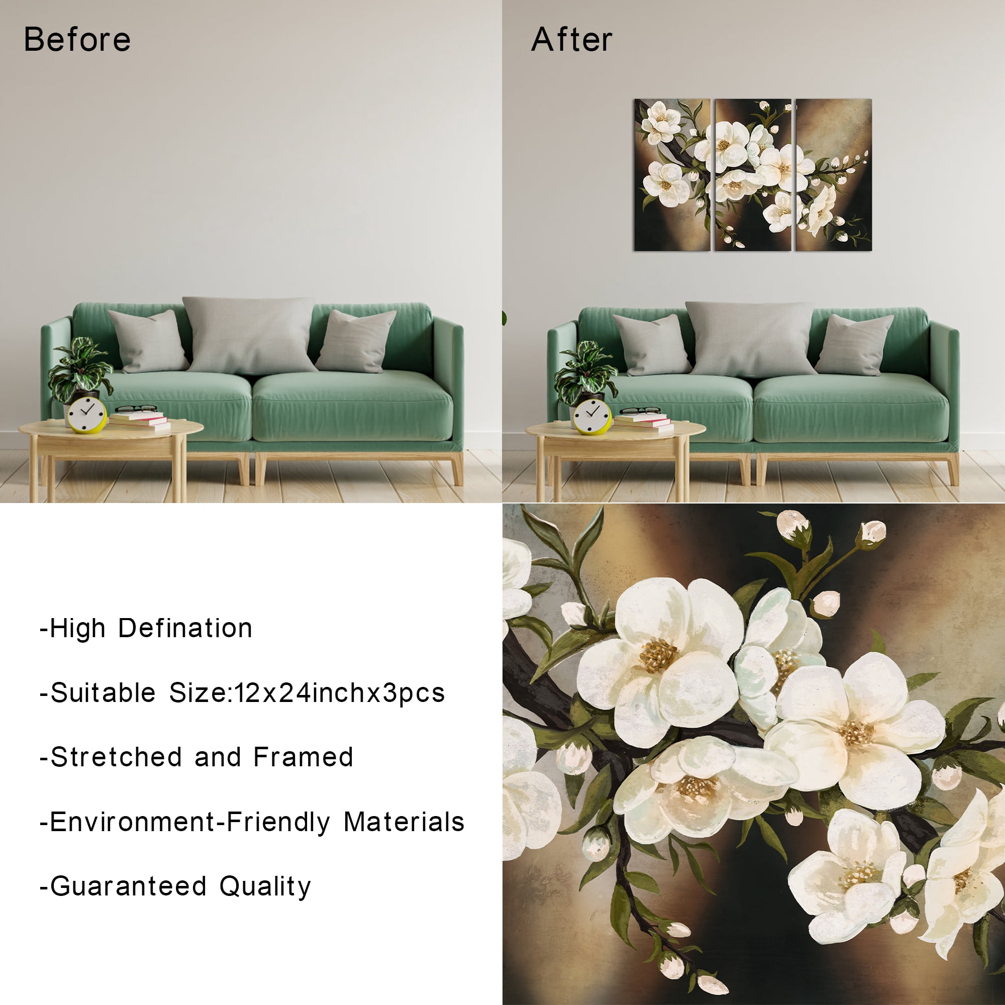 Visual Art Decor Cherry Blossom 3 Pieces 12x24 inch Botanical Framed Wall Art Clearance Painting Brown White Tree Flower Bedroom Print Poster Modern Home Decoration Picture Artwork