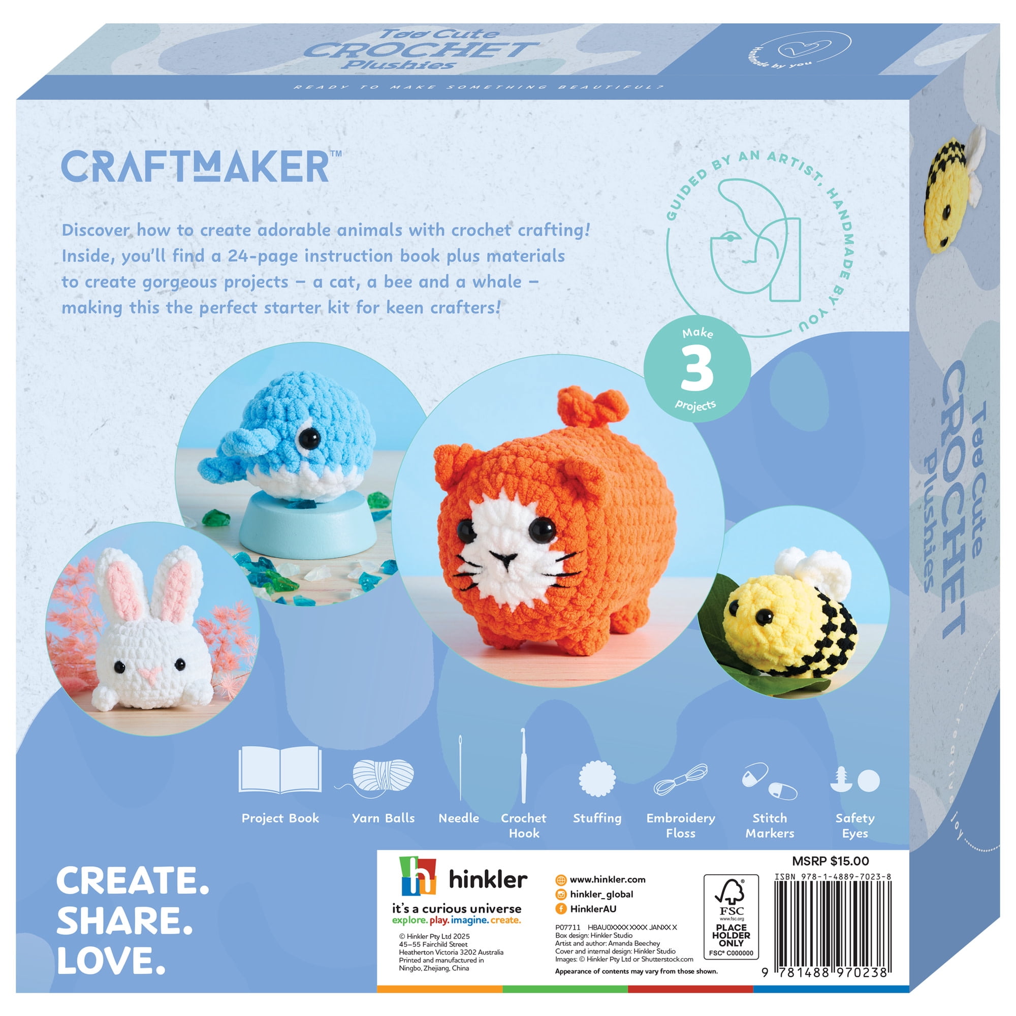 Craft Maker: Too Cute - Crochet Plushies - DIY 3 Plush Animals, Adult Craft Kit, Chenille Yarn, Hook, Stuffing, Safety Eyes, Guide Book, Art Activity