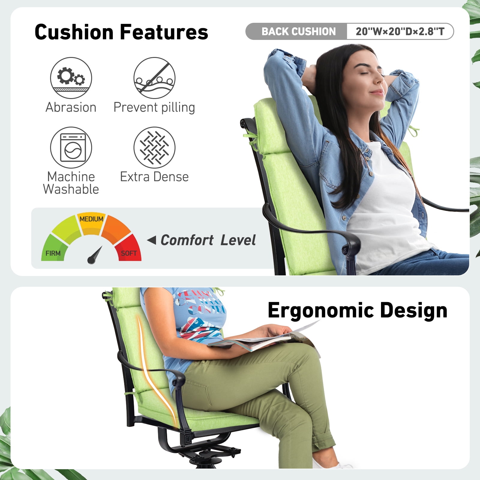 BPS Outdoor High Back Dining Chair Cushion Set, 37"x20"x2.8", TPU Water Repellent Coating&Stain Resistant, Polyester Fabric Cover with Ties and Zipper, Green, Set of 4