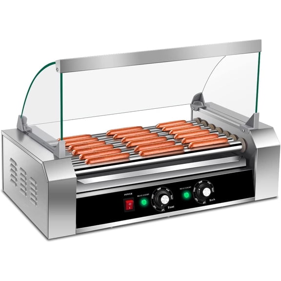 Hot Dog Roller Machine, 7 Non-Stick Rollers 18 Hot Dog Sausage Grill Cooker Machine with Removable Stainless Steel Drip Tray and Glass Hood Cover, Commercial Household Hot Dog Rotisserie