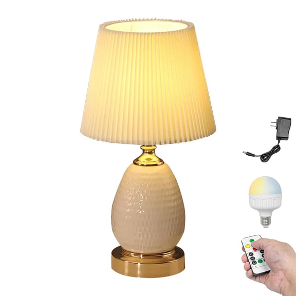 Kiven Cordless Table Lamp, Dimmable Ceramic Bedside Lamps for Nightstand with Flaxen Barrel Fabric Lampshade, Farmhouse Rechargeable Desk Lamp for Reading Home Decor Bedside,1-Light