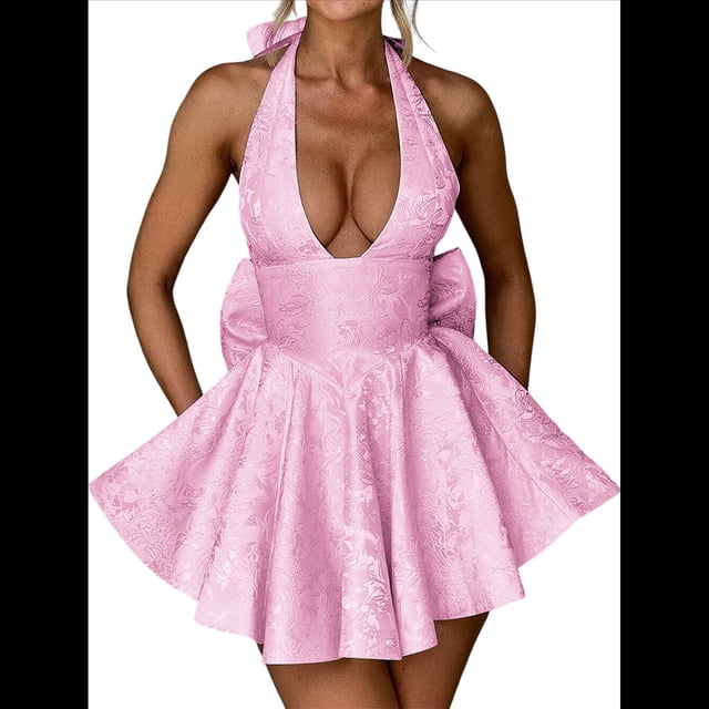 Vestido de Cóctel de Noche para Mujer, Sin Mangas, con Escote Halter, Lazo y Escote en V Profundo Rosa M