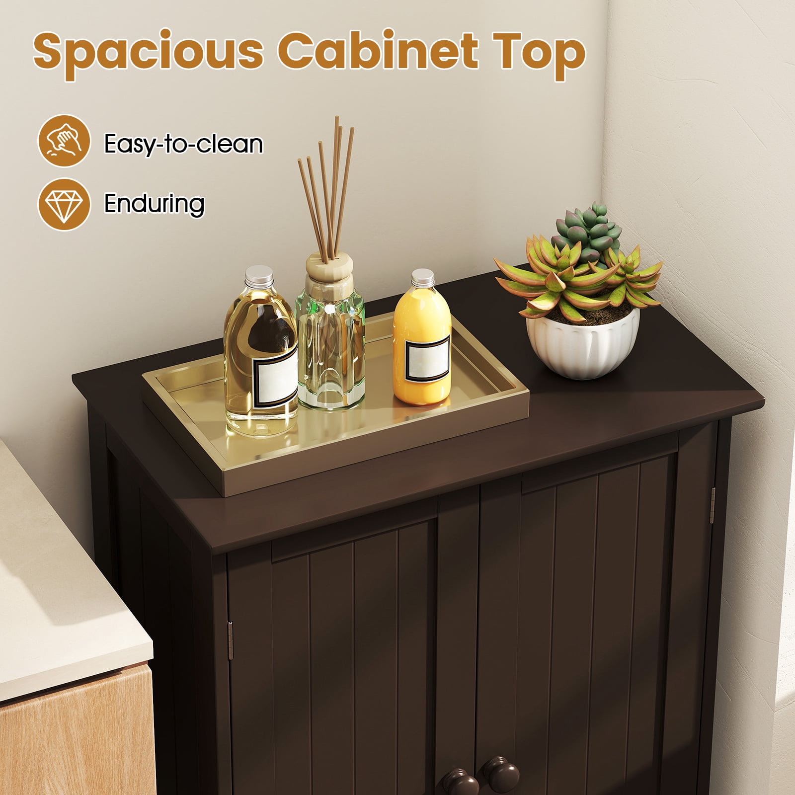 Gymax Bathroom Storage Cabinet Freestanding Wooden Floor Cabinet w/ Double Doors Adjustable Shelf Modern Storage Organizers for Kitchen Living Room Entryway Brown